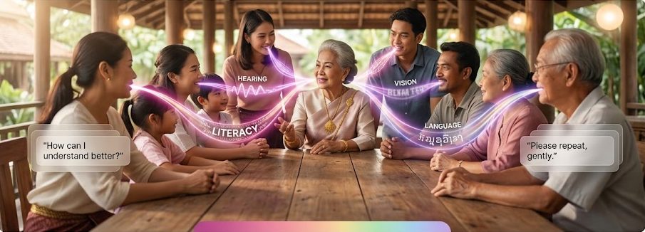 A community group at a long table; the same message reaches each person differently.